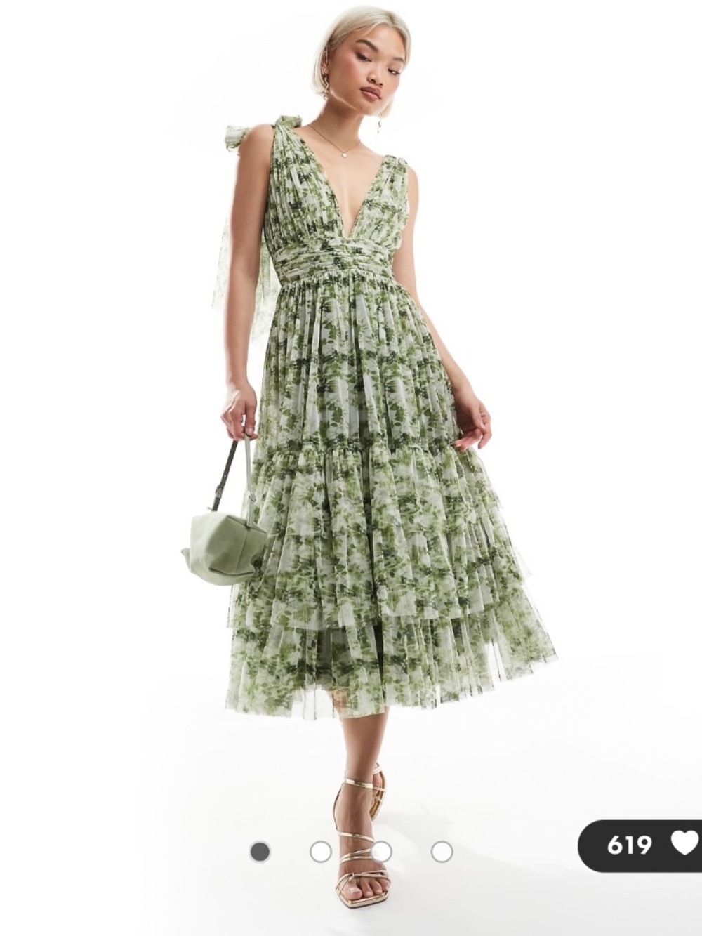 Lace and Beads Bridesmaid Madison bow shoulder midi dress in olive floral